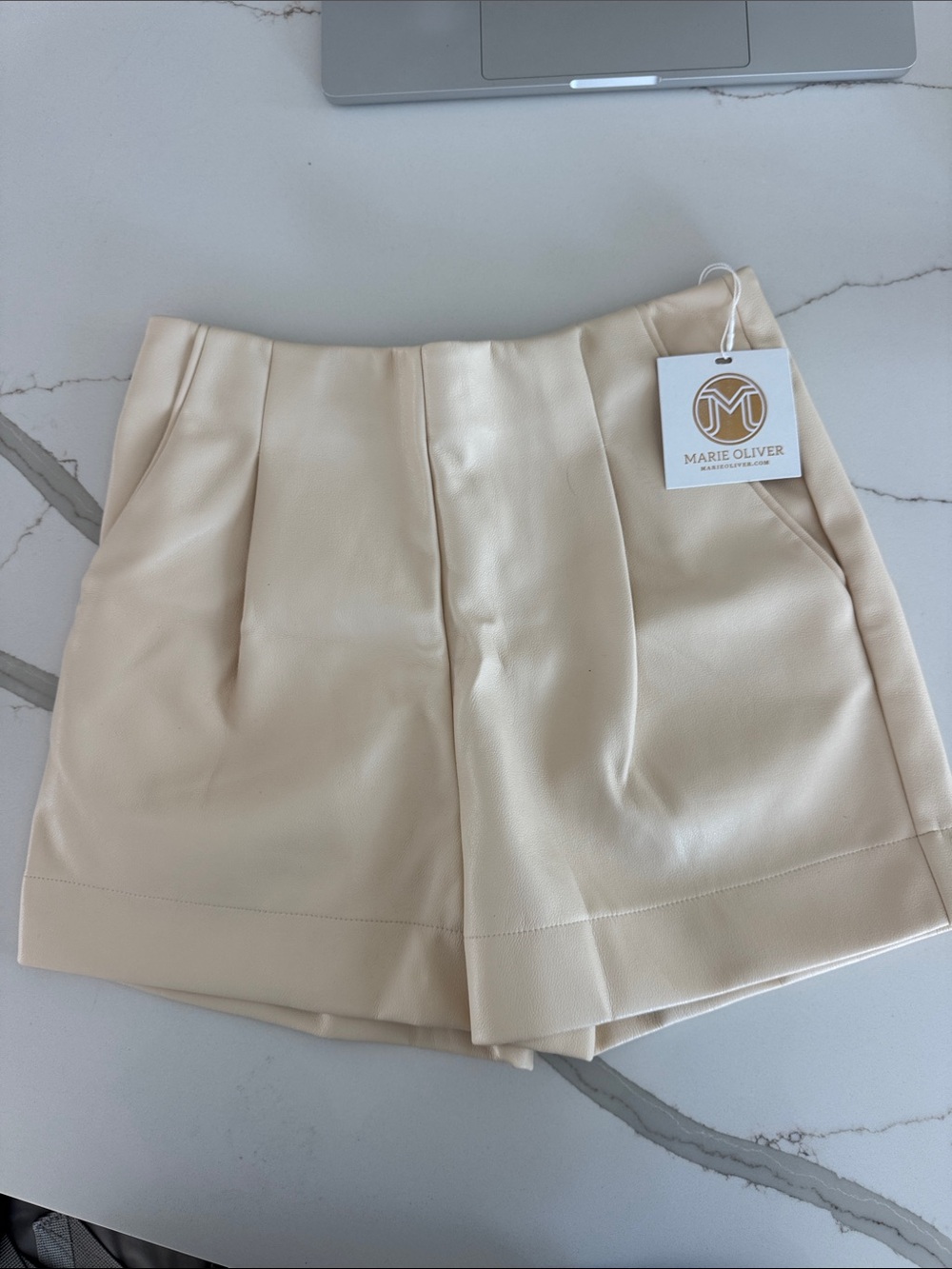 Marie Oliver Fay Soft Cream Vegan Leather Tailored High-Waist Shorts